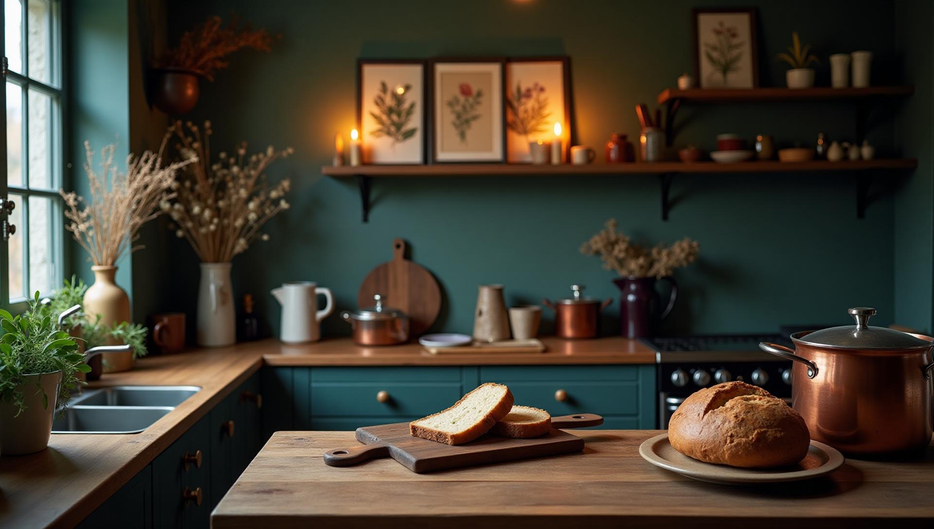 Cozy kitchen with warm lighting and botanical decor